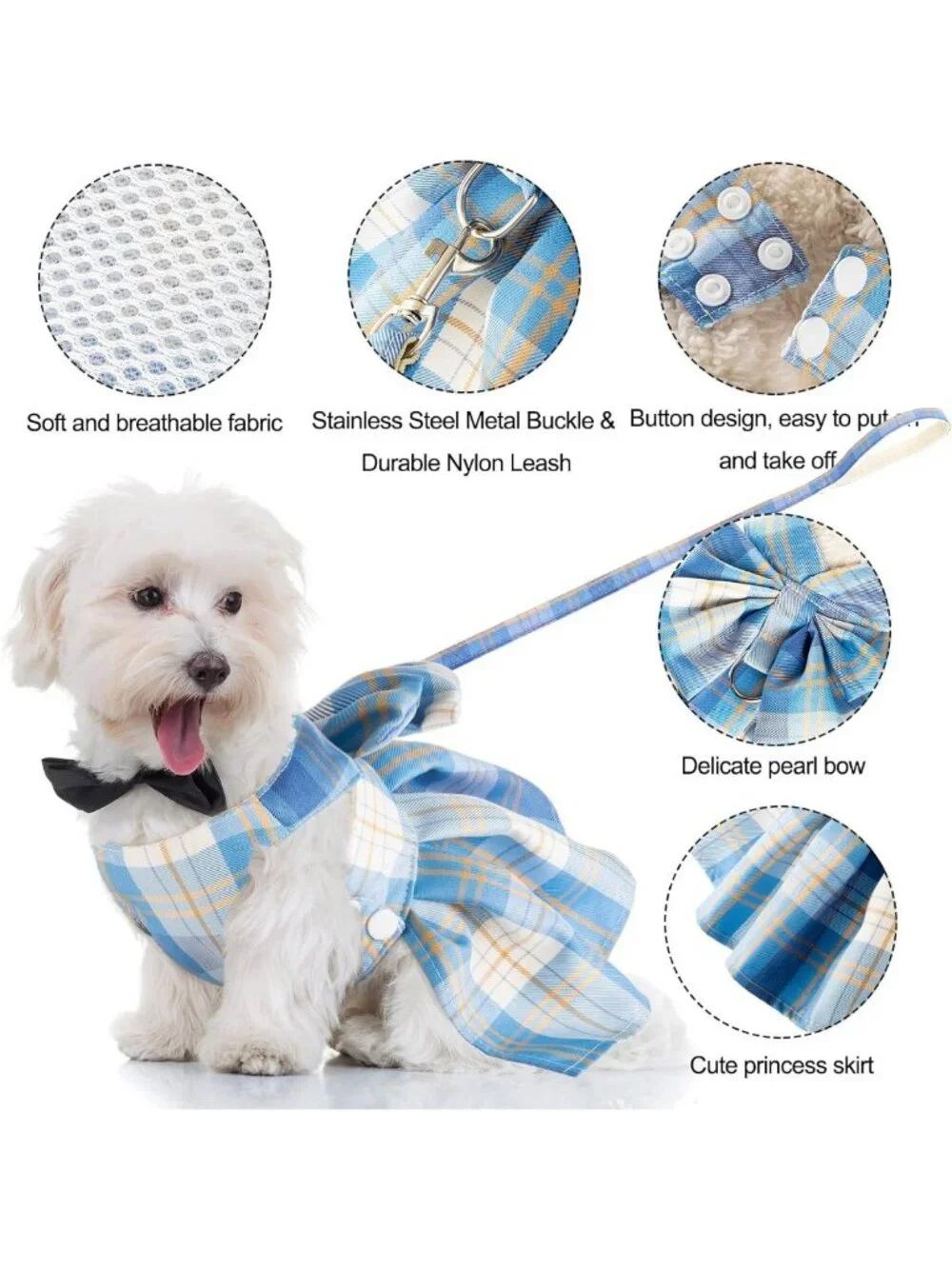 Stylish Plaid Dog Dresses with Bow, 4-Piece Set, Harness & Leashes, Large, Dark
